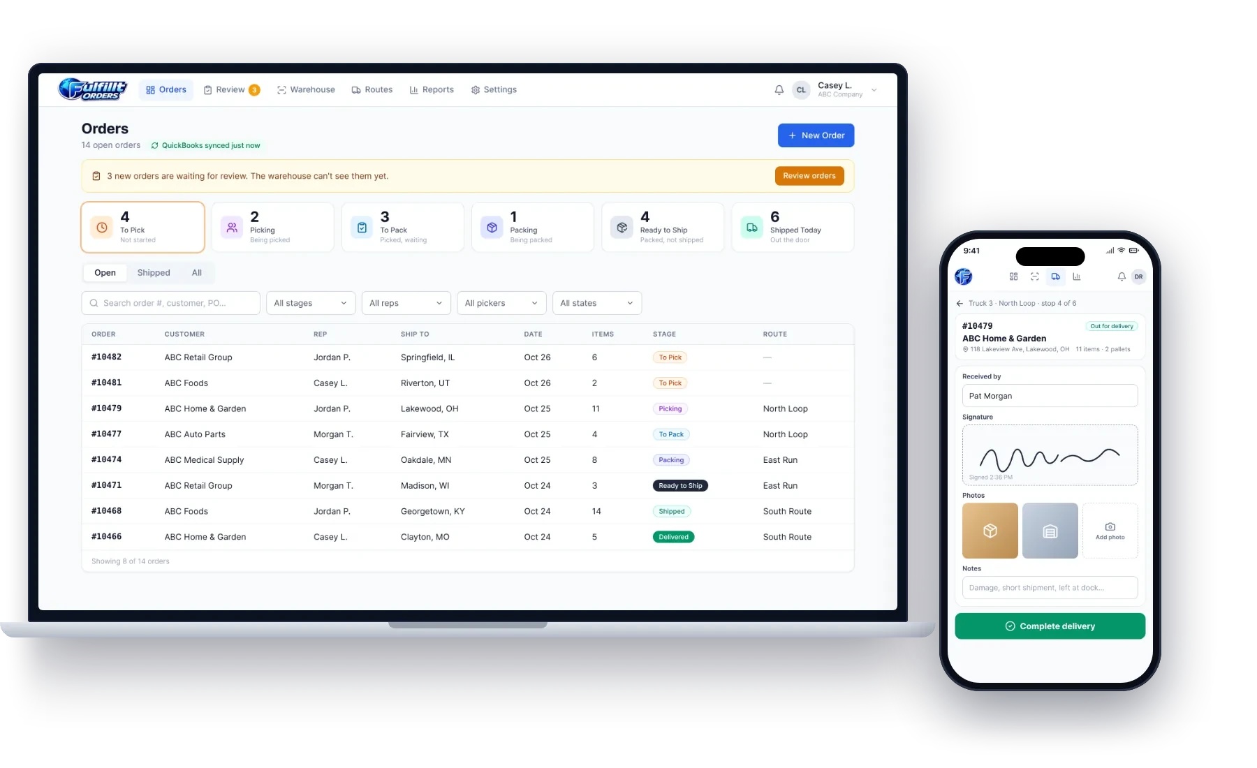 Fulfillt Orders on a laptop and phone: live order board and proof of delivery
