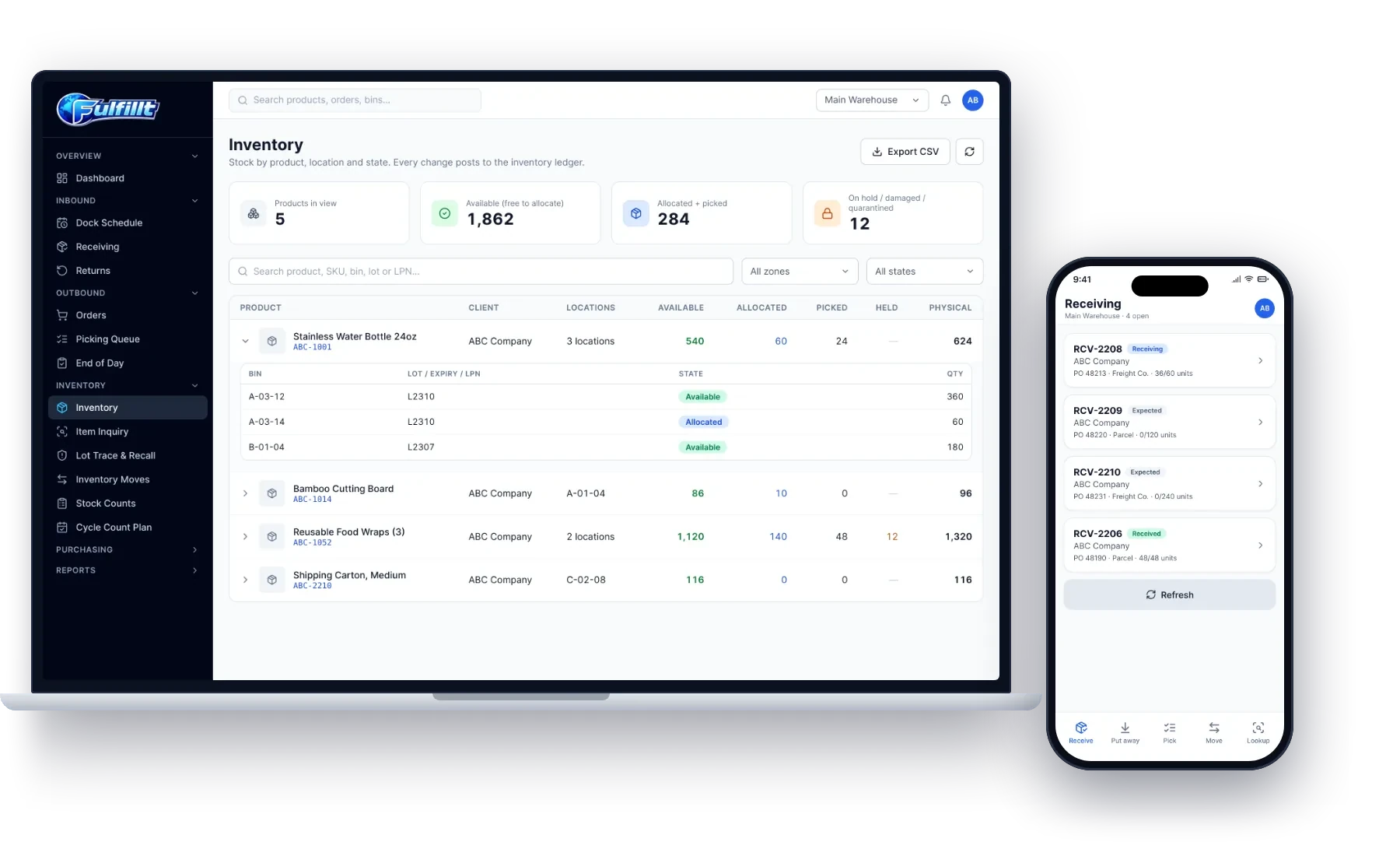 Fulfillt WMS on a laptop and phone: inventory by bin and mobile receiving