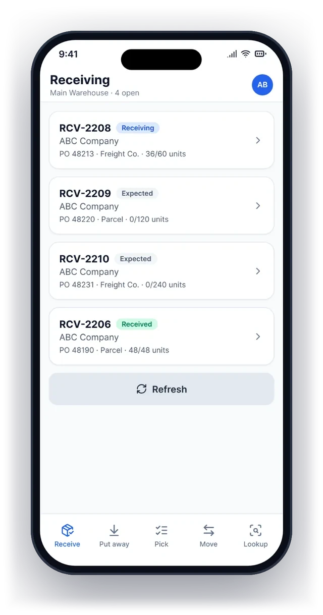 Receiving on a phone with open purchase orders and unit counts