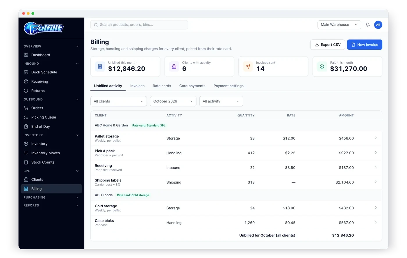 3PL billing screen with unbilled activity per client and rate cards